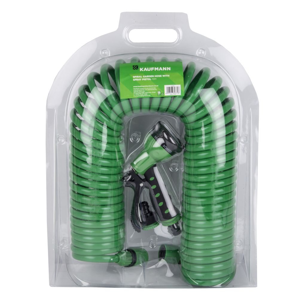 KAUFMANN 15M SPIRAL GARDEN HOSE+PISTOL+COUPLINGS