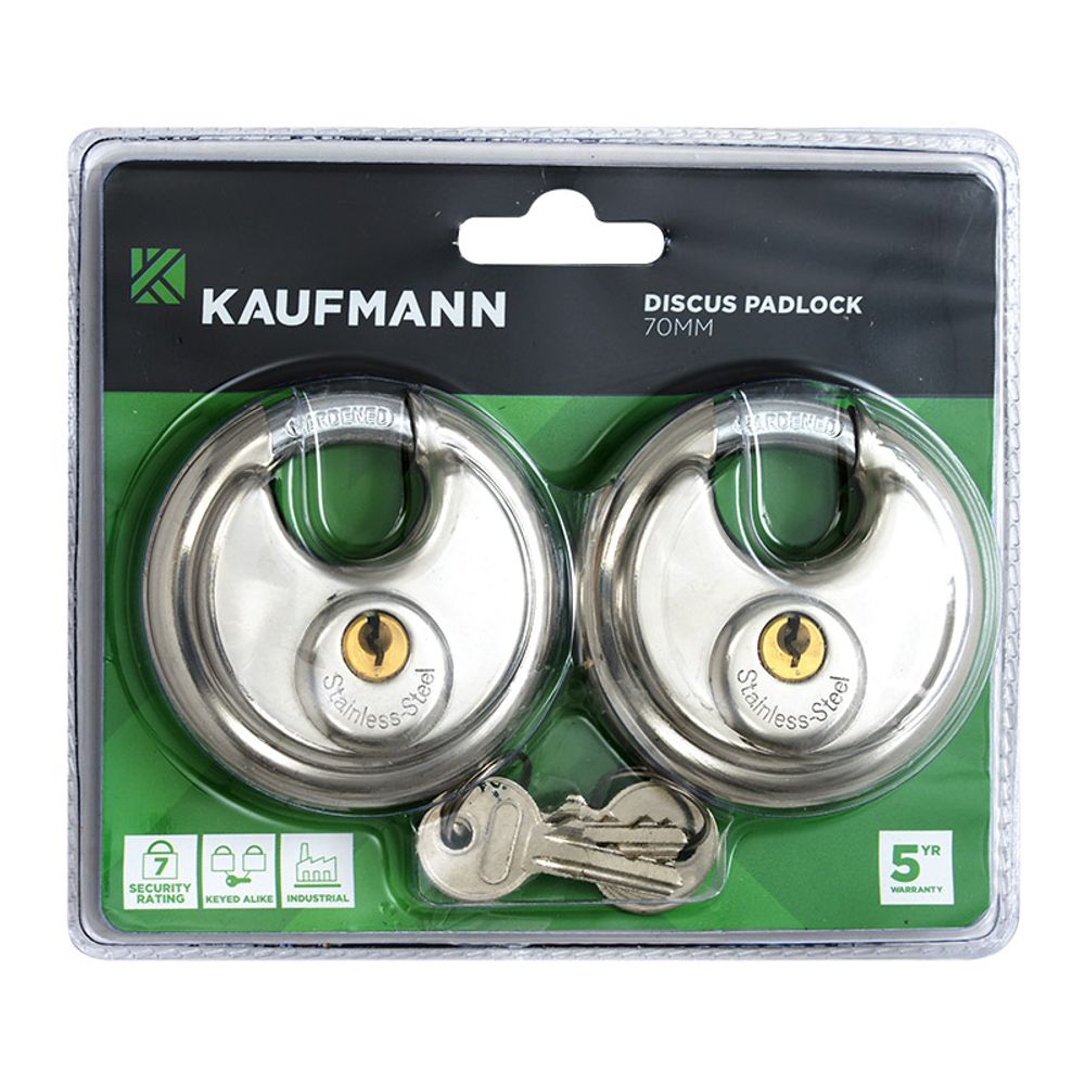 KAUFMANN PADLOCK DISCUS 70MM S/STEEL (2PACK)
