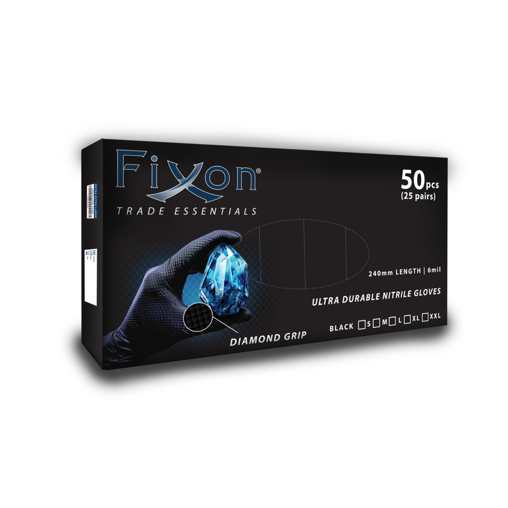 FIXON Nitrile Diamond Glove Textured 6mil 240mm Black S (50pcs/25 Pairs)