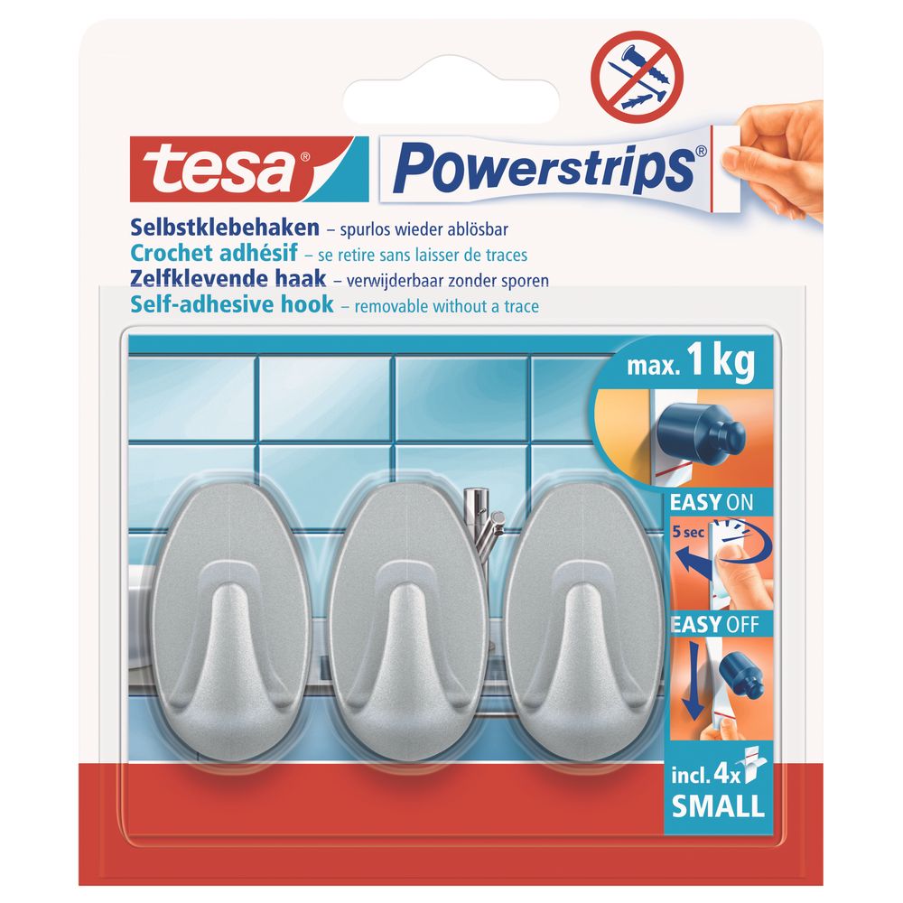 TESA Powerstrips Hooks Small Oval 3 Hooks/ 4 Strips Chrome Matt (IP 6)