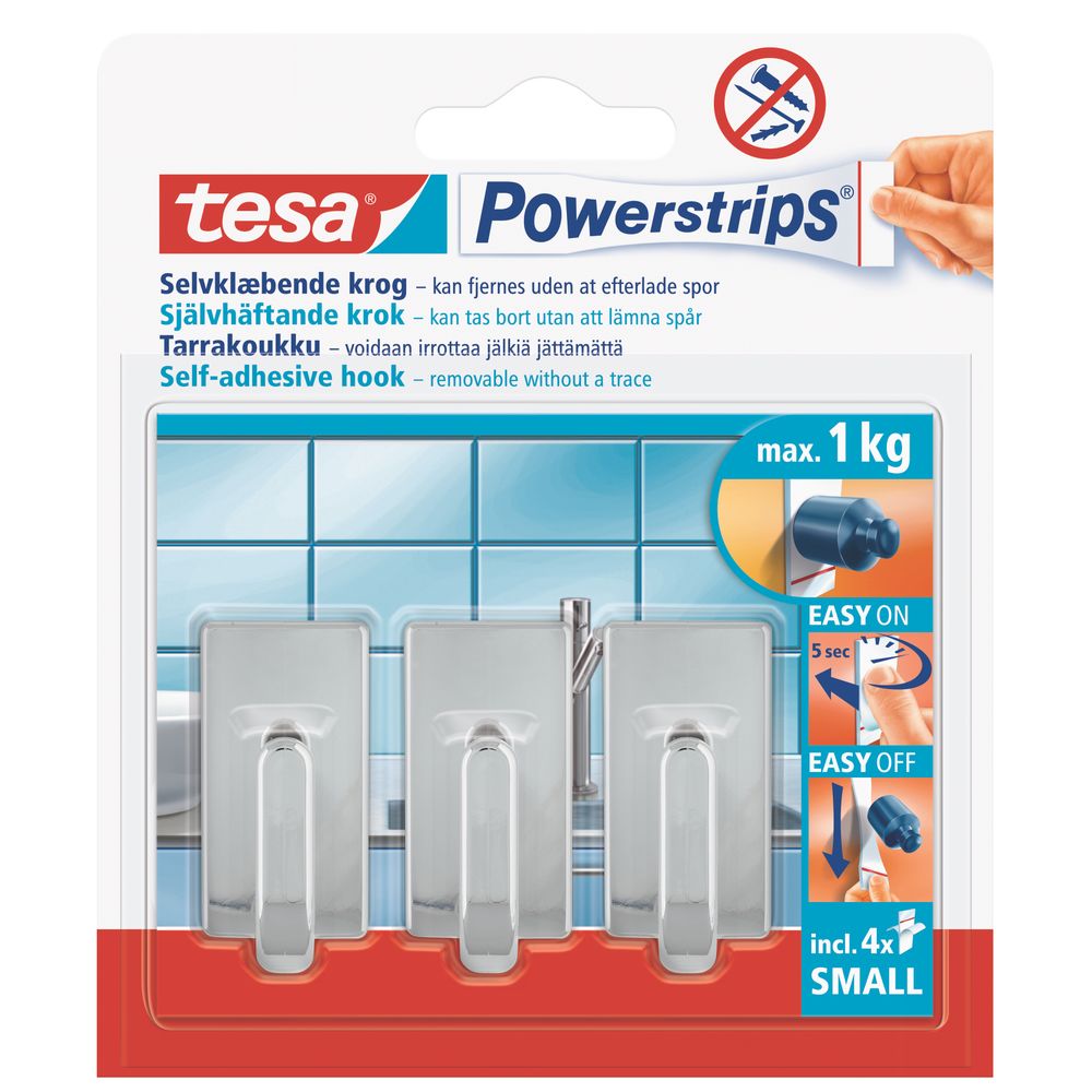 TESA Powerstrips Hooks Small Rectangular Classic 3 Hooks/ 4 Strips Chrome (IP 6)