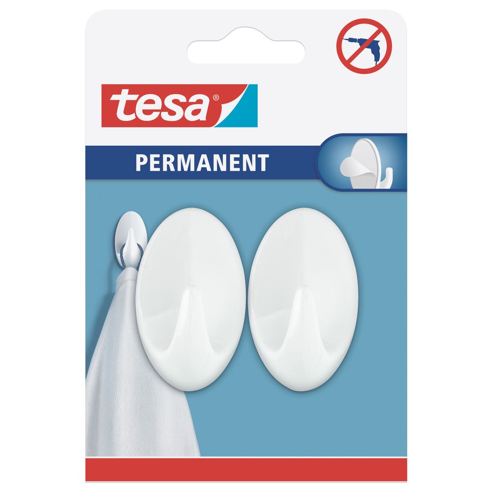 TESA Permanent Hooks Oval L white 2 Hooks Whiite