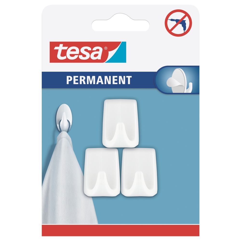 TESA Permanent Hooks Rectangular S white 3 Hooks/ 4 Strips White