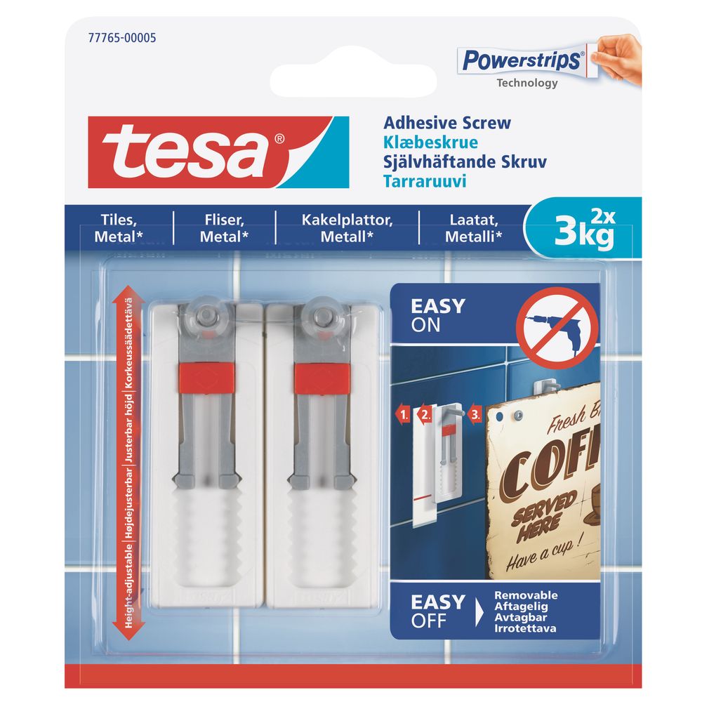 TESA Adhesive Screw adjustable 3kg - Tiles 2 Hooks/ 3 Strips (IP 6)