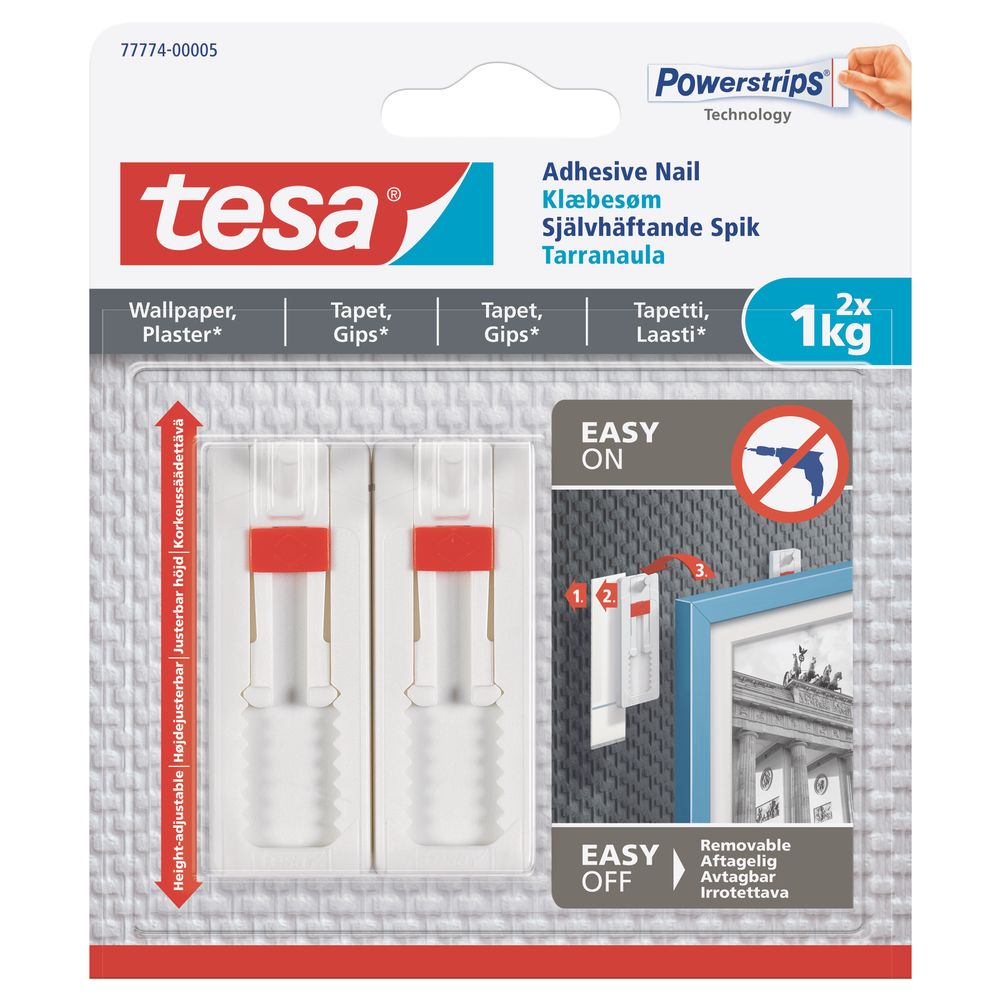 TESA Adhesive Nail adjustable 1kg - Sensitive Surface 2 Hooks/ 3 Strips (IP 8)