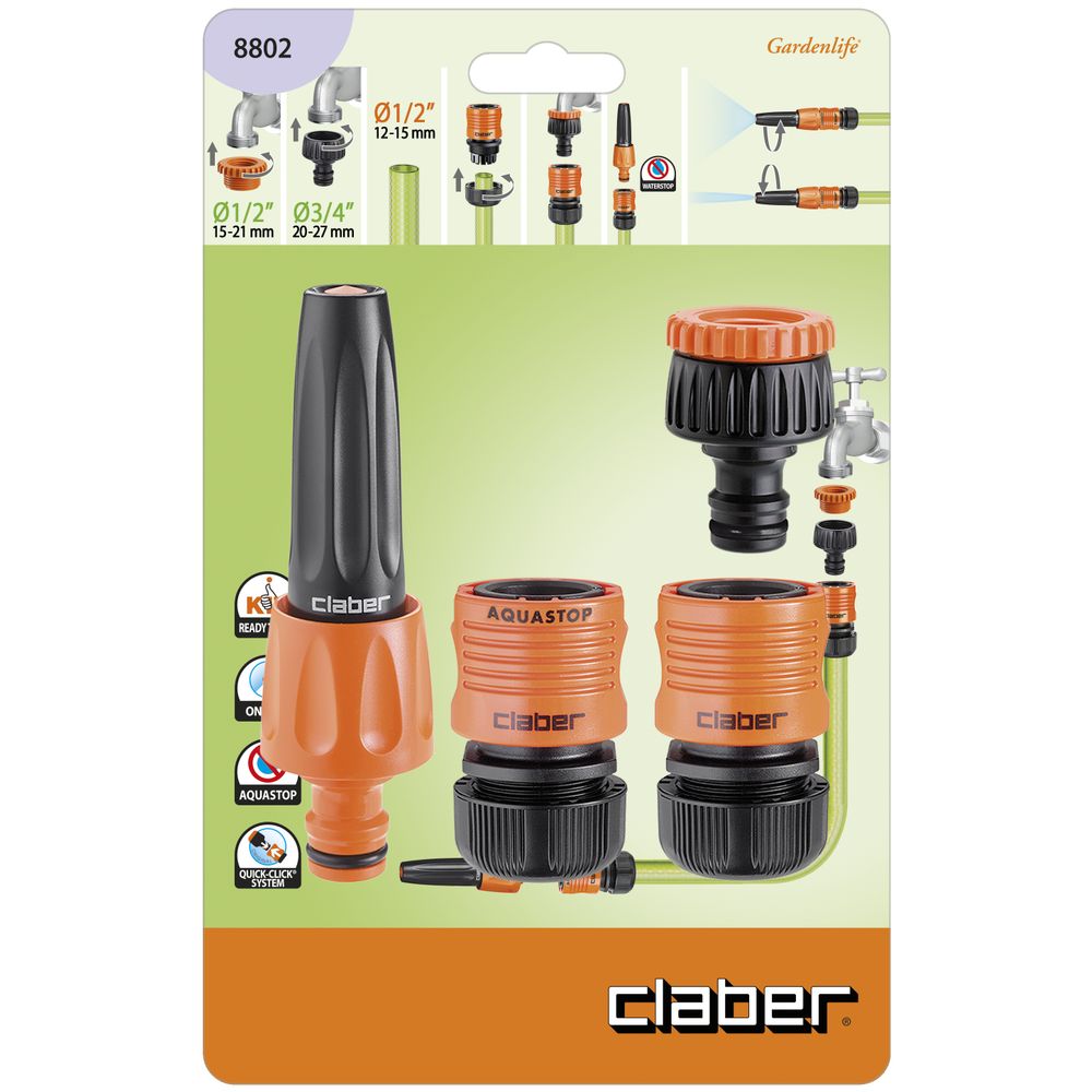 SET 5pce ADJUSTABLE SPRAY NOZZLE WITH TAP CONNECTOR, 1/2 inch CLICK CONNECTORS