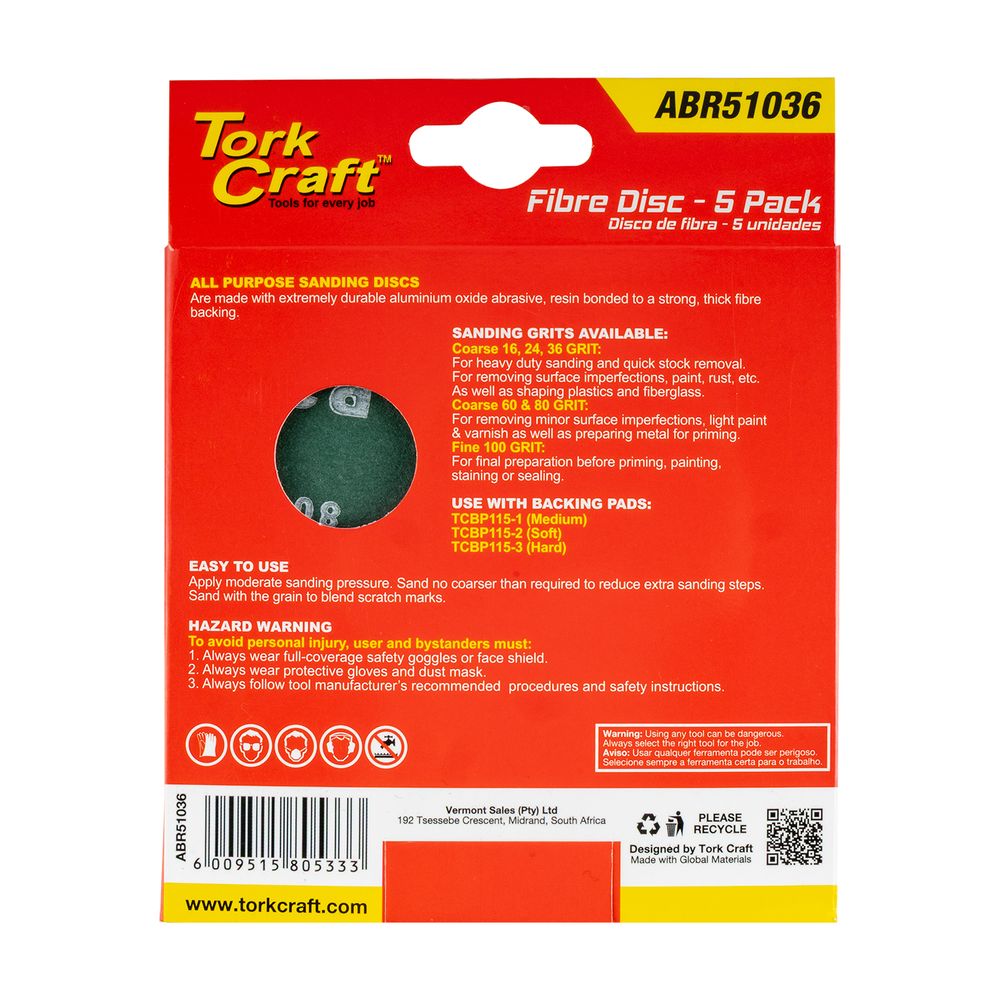 Fibre Disc 115mm 36 Grit 5/pack