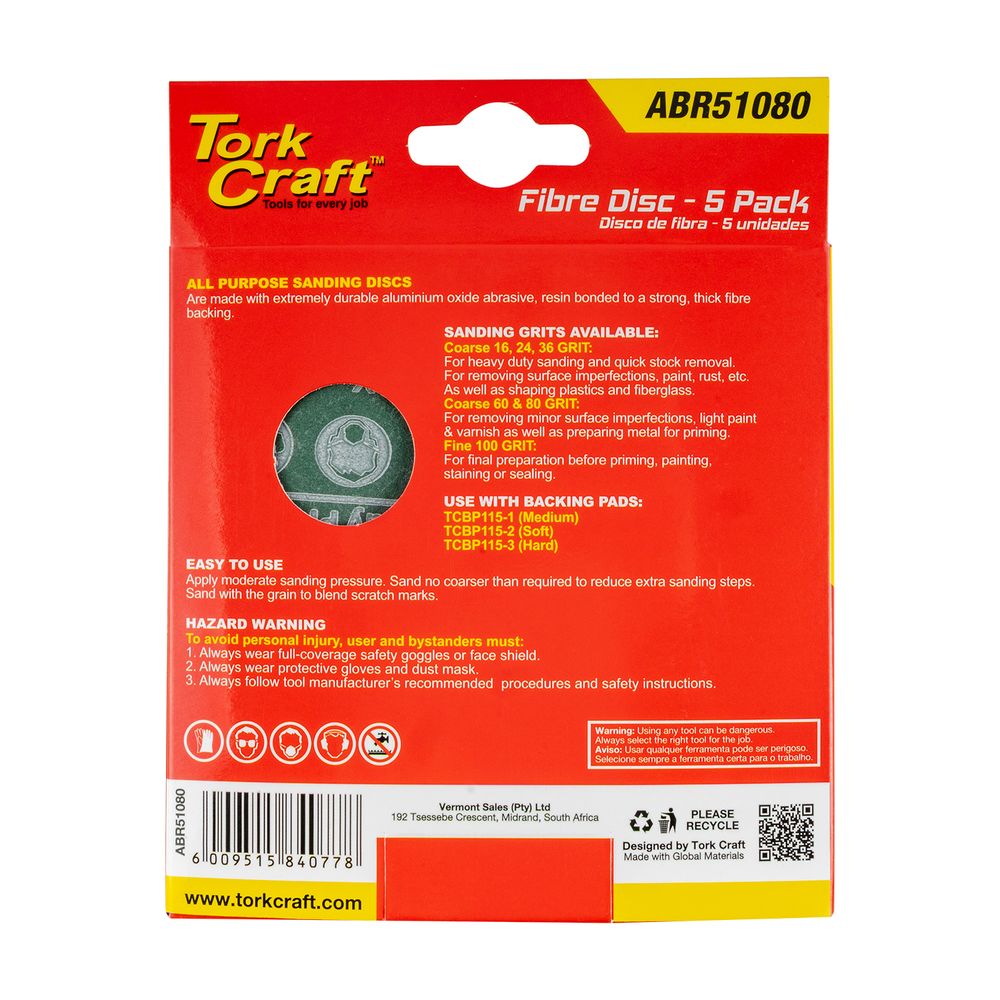 Fibre Disc 115mm 80 Grit 5/pack