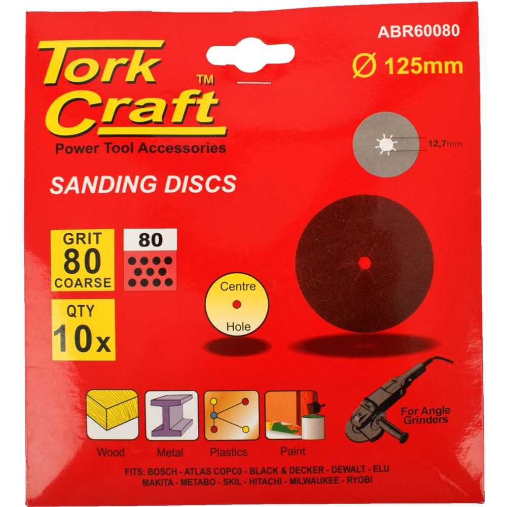 Sanding Disc 125mm 80 Grit Centre Hole 10/pk