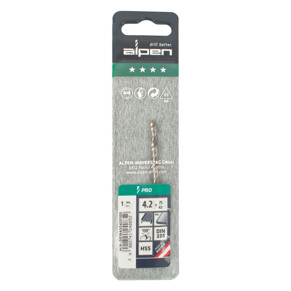 ALPEN Pro Hss 4.2mm Drill Din 338 Rn 135 Split Point Plastic Wallet (
