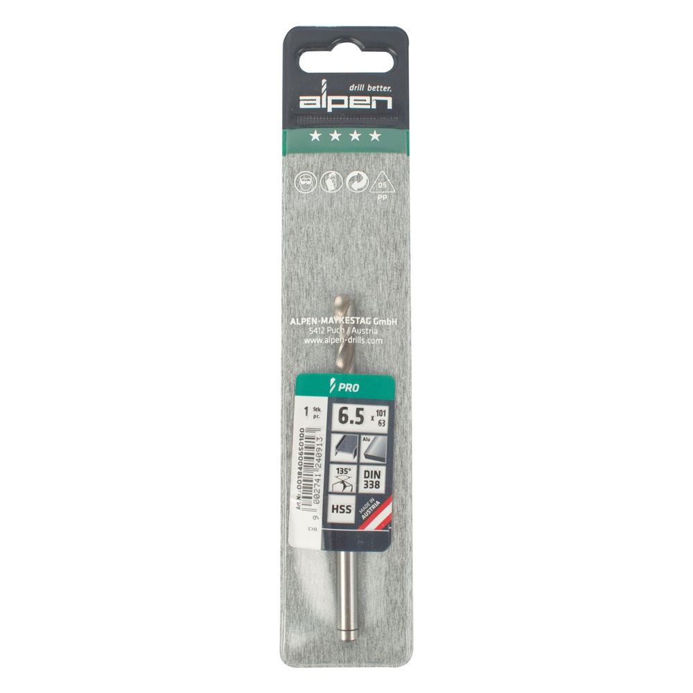 ALPEN Pro Hss 6.5mm Drill Din 338 Rn 135 Split Point Plastic Wallet