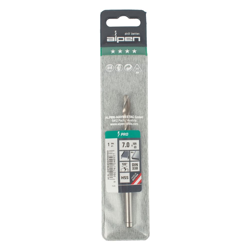 ALPEN Pro Hss 7mm Drill Din 338 Rn 135 Split Point Plastic Wallet