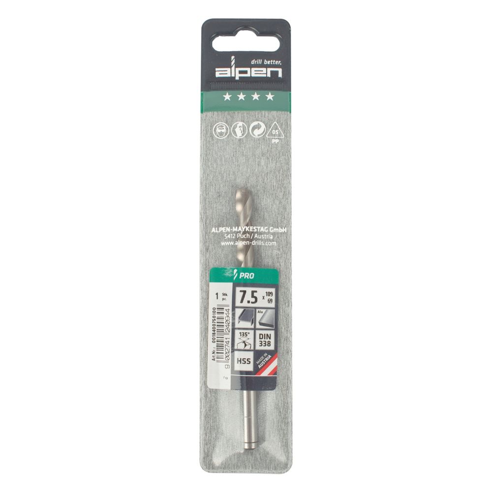 ALPEN Pro Hss 7.5mm Drill Din 338 Rn 135 Split Point Plastic Wallet