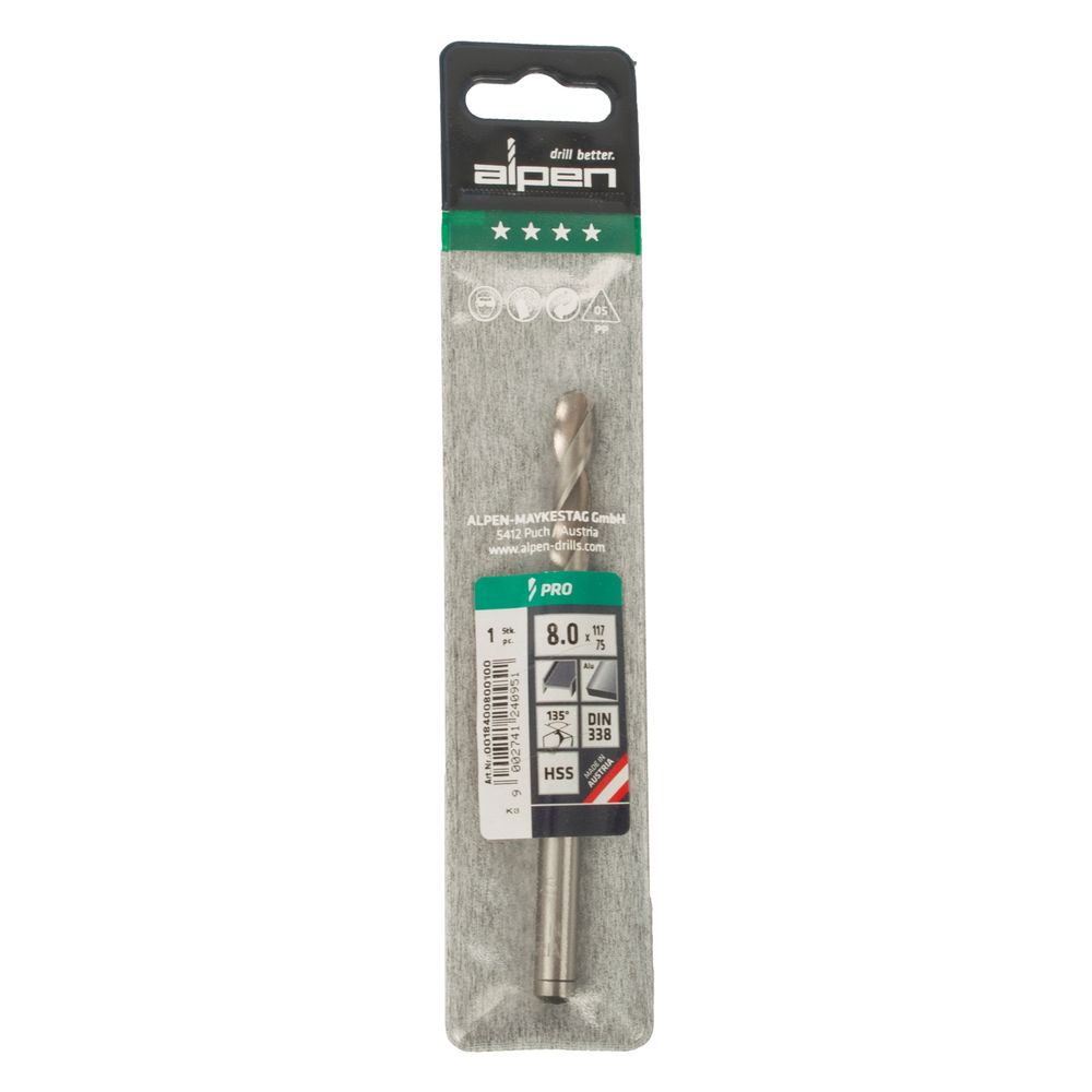 ALPEN Pro Hss 8mm Drill Din 338 Rn 135 Split Point Plastic Wallet