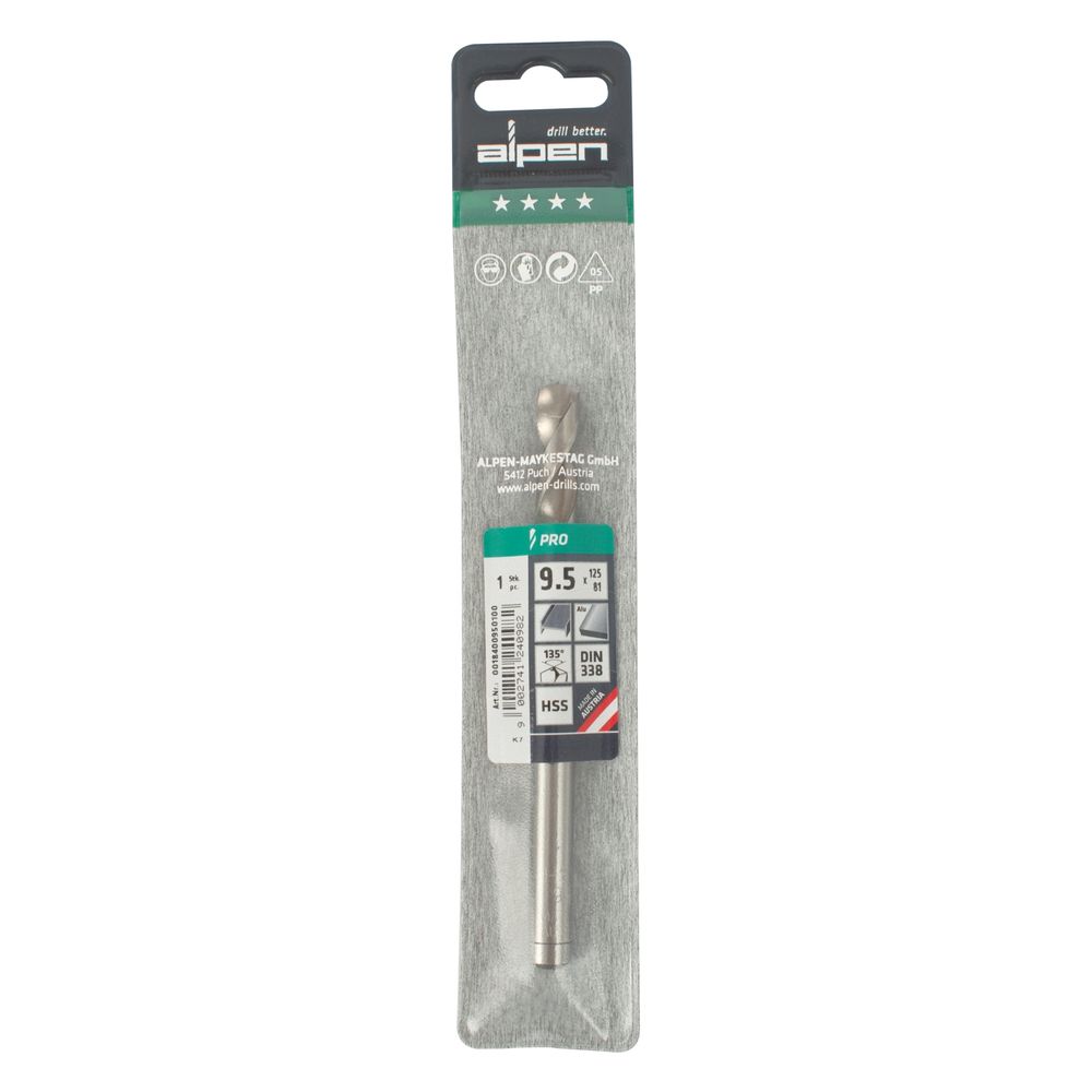 ALPEN Pro Hss 9.5mm Drill Din 338 Rn 135 Split Point Plastic Wallet