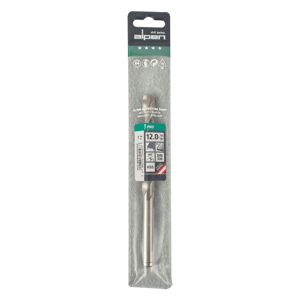 ALPEN Pro Hss 12mm Drill Din 338 Rn 135 Split Point Plastic Wallet