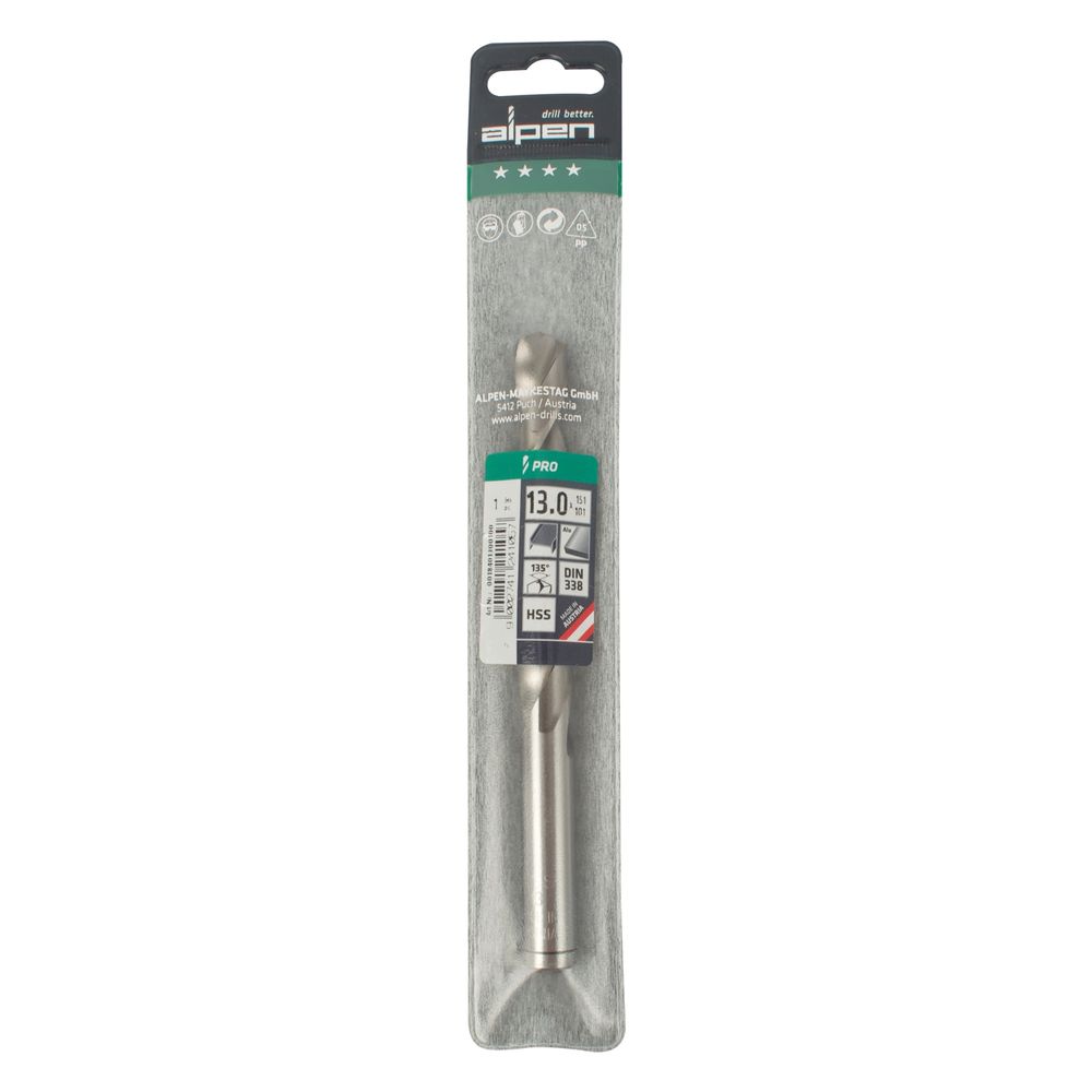 ALPEN Pro Hss 13mm Drill Din 338 Rn 135 Split Point Plastic Wallet