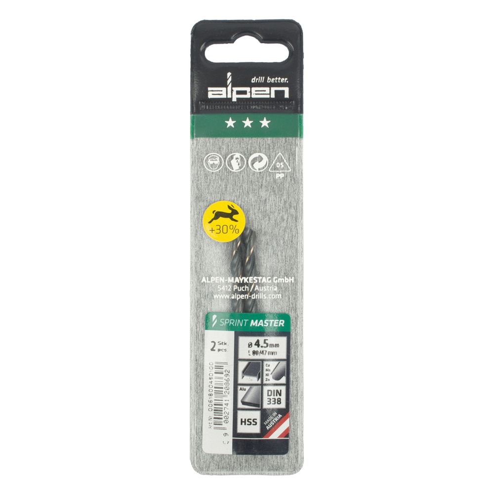 Hss Sprint Master 4.5mm X2 Sleeved Din338 ALPEN Drill Bit