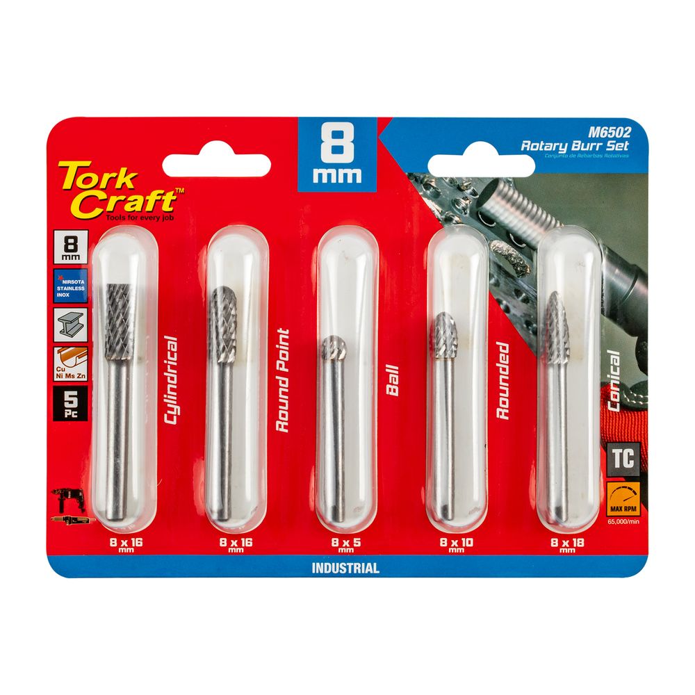 Rotary Burr Set 5 Pc Asstd 8mm Dia Tungsten