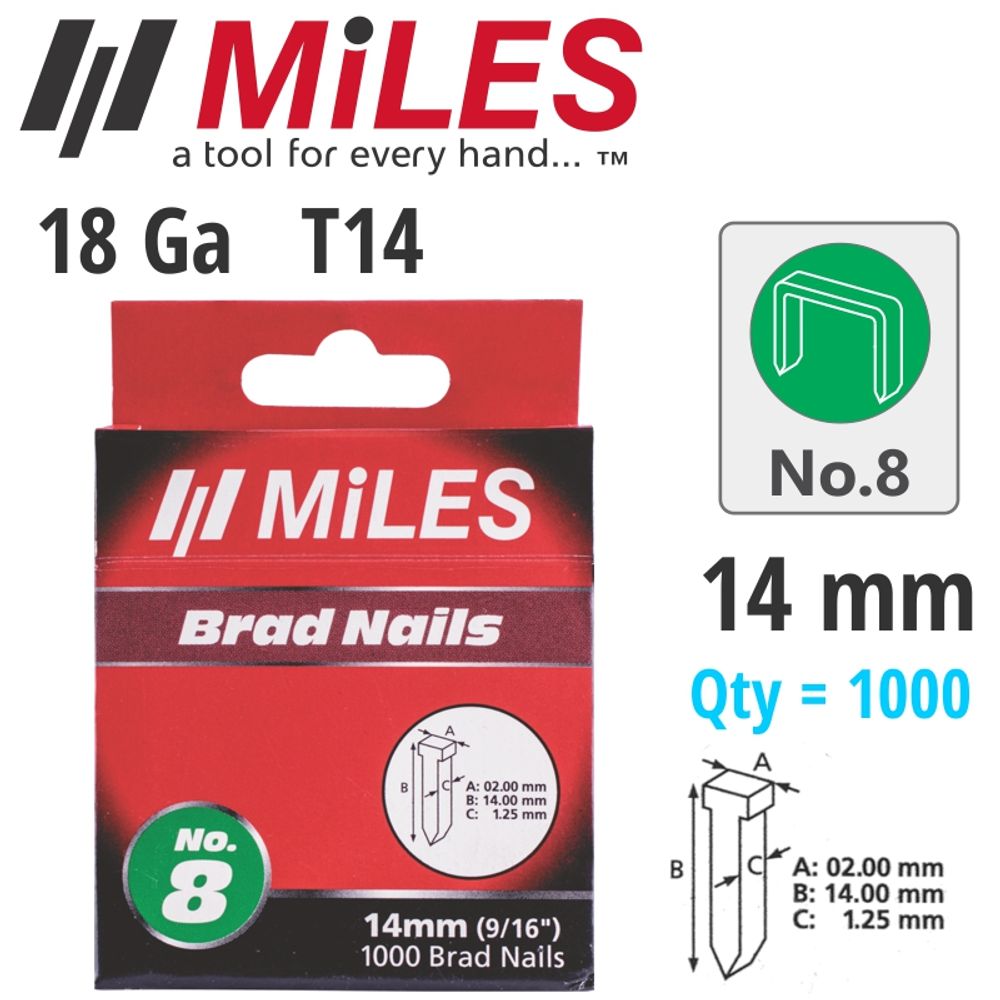 Galv Brad Nail T14 18g 14mm X 1000pcs MILES No8