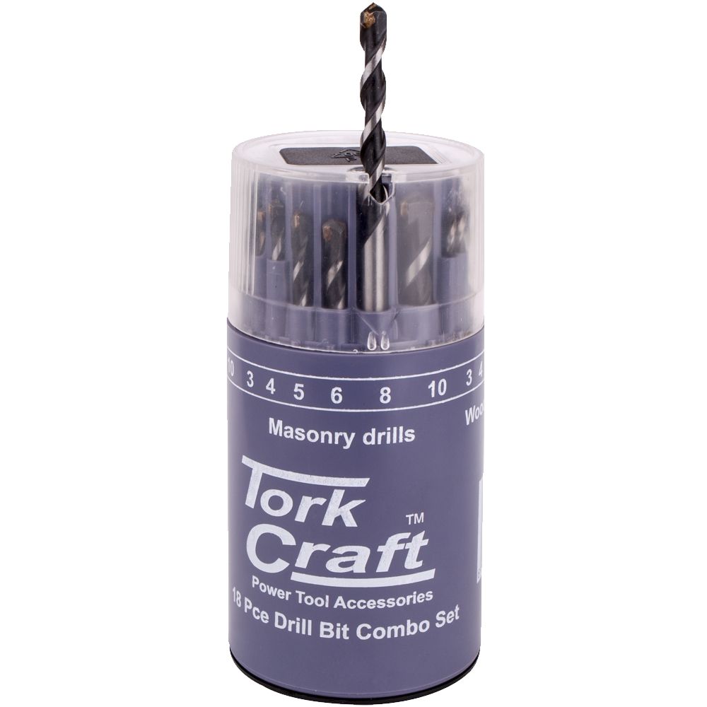 Drill Bit 18 Set Combo Wood + Masonry + Hss In Plastic Container
