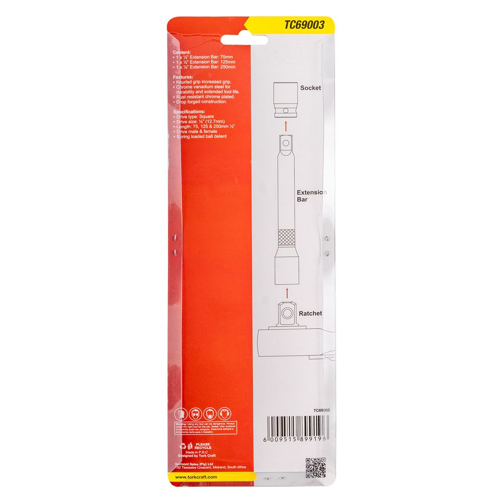 Extention Bar 3pc Set 1/2� 75/125/250mm Socket