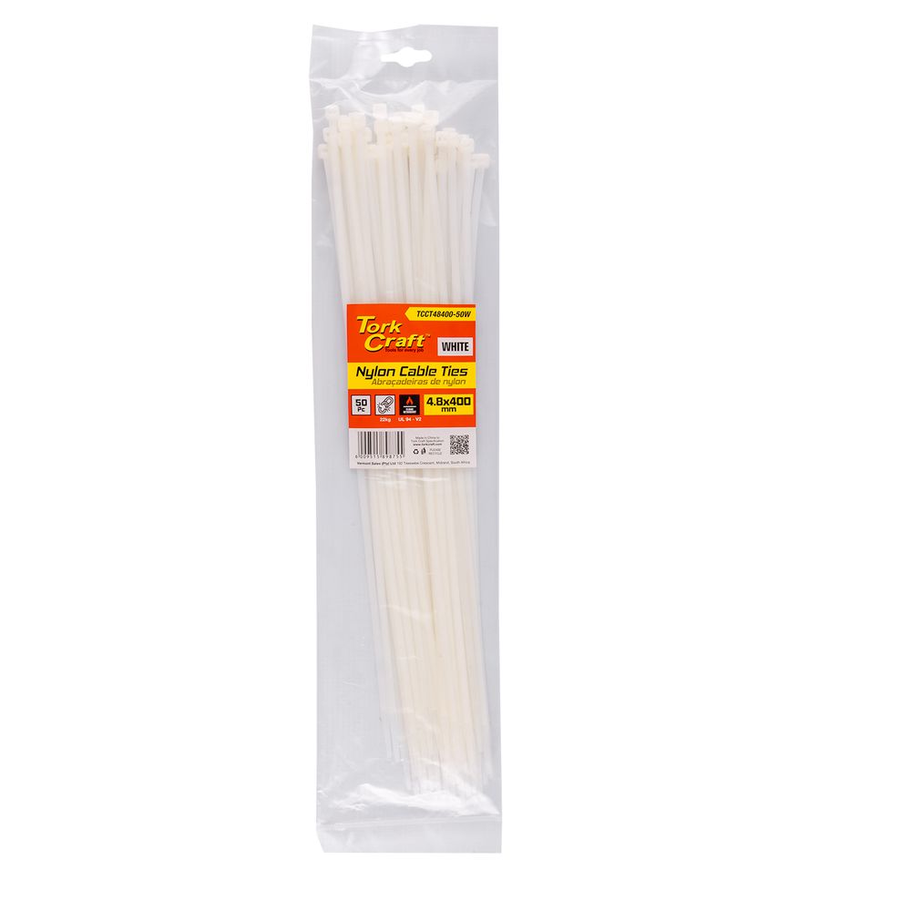 Nylon Cable Ties 4.8mm X 400mm White 50pc