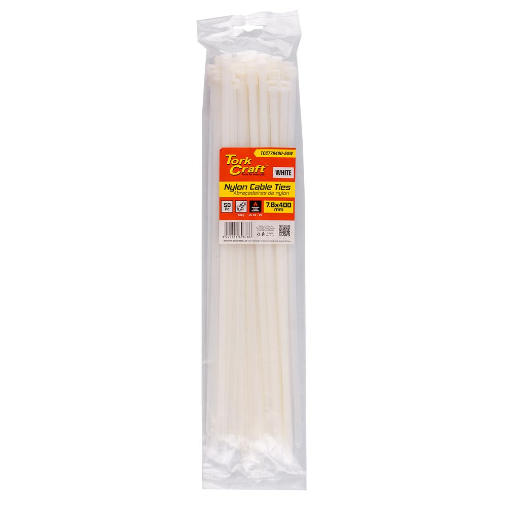 Nylon Cable Ties 7.6mm X 400mm White 50pc