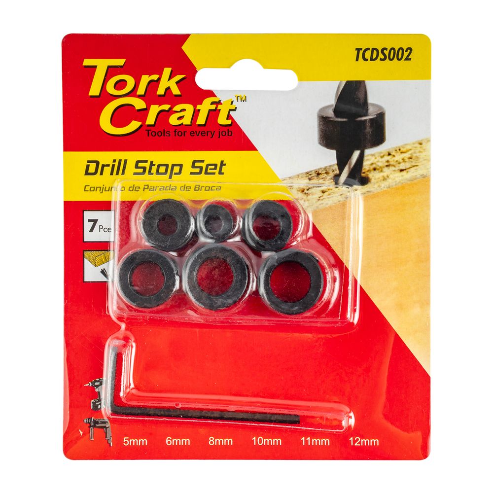 TORK CRAFT 7pc Drill Stop Set (5.6.8.10.11.12mm) C/w Allen Key