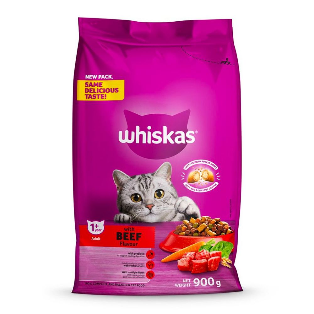WHISKAS Cat Food Dry Adult Beef 900g