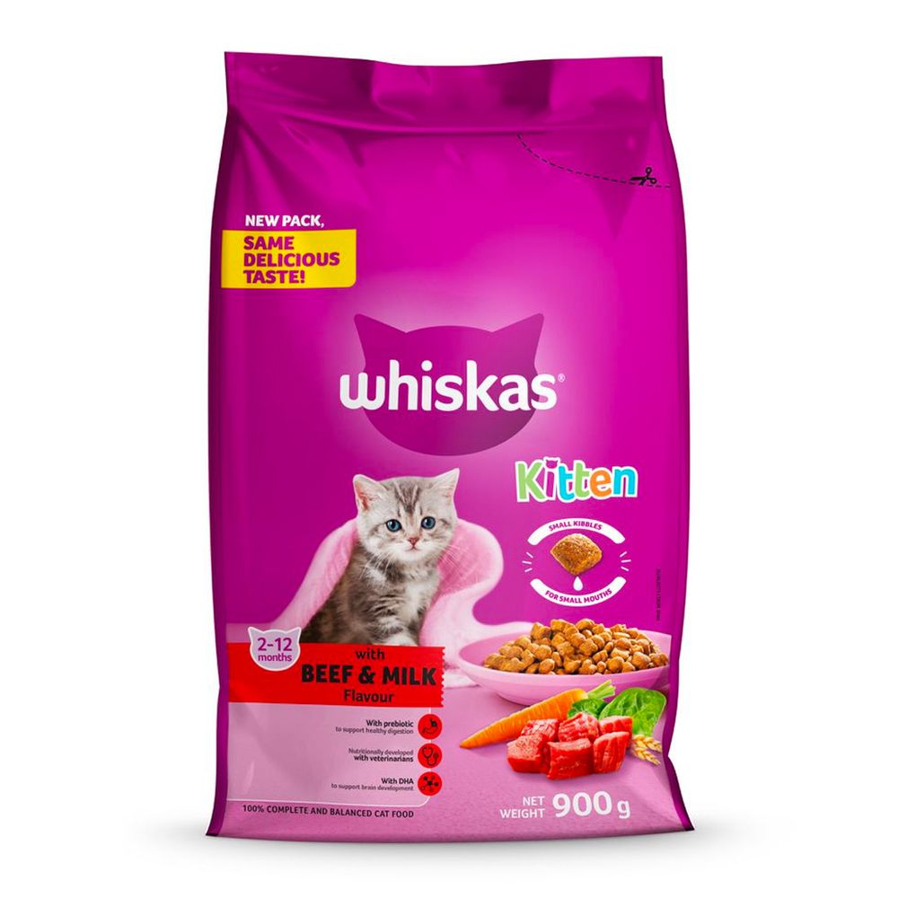 WHISKAS CAT FOOD DRY KITTEN FOOD BEEF 900G