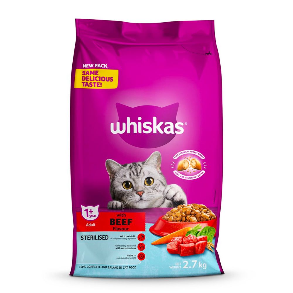 WHISKAS Cat Food Dry Sterilised Adult Beef 2.7kg