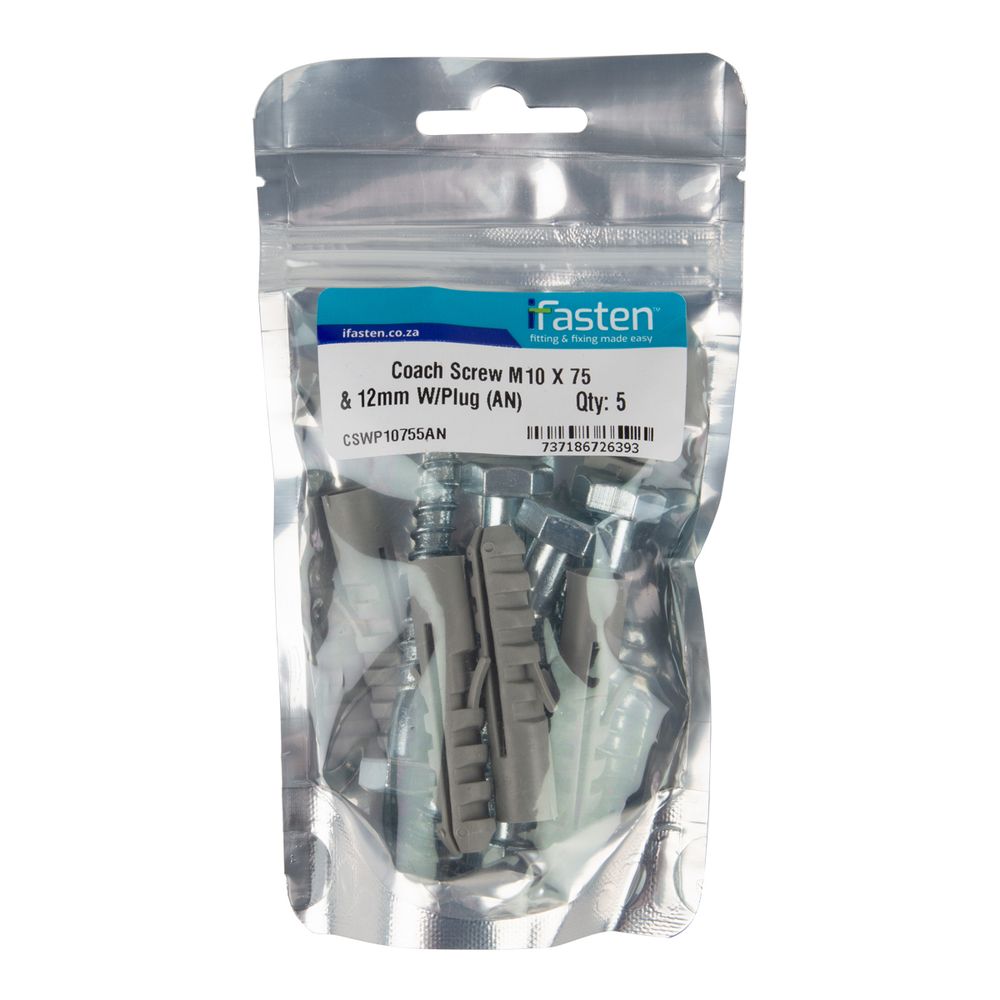 IFASTEN Coach Screw M10x75mm & Wall Plug Grey 5 Pp