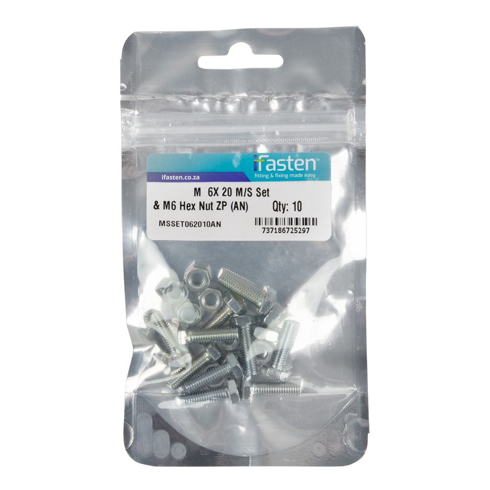 IFASTEN SET SCREW MS AND NUT ZP M6X20MM 10 PP