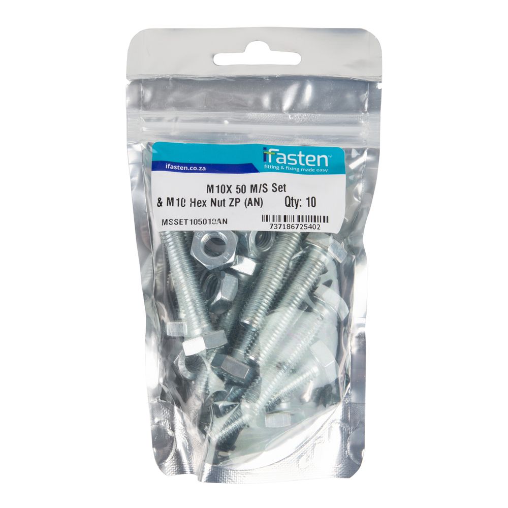 IFASTEN SET SCREW MS AND NUT ZP M10X50MM 10 PP