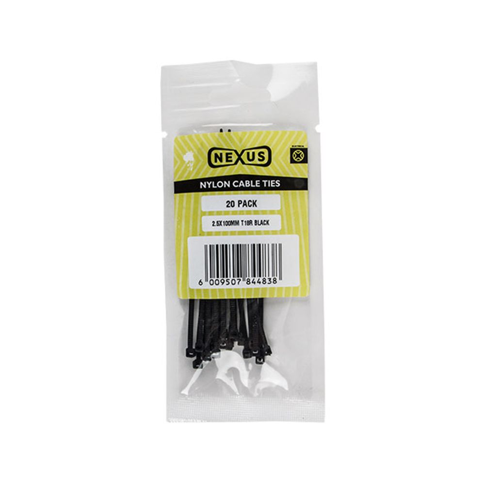 NEXUS Cable Ties T30r 3.6mmx150mm Black 20 Pack
