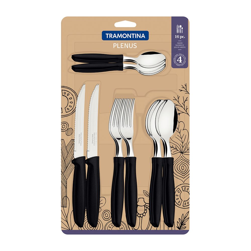 TRAMONTINA CUTLERY TABLEWARE SET PLENUS 16PC BLACK