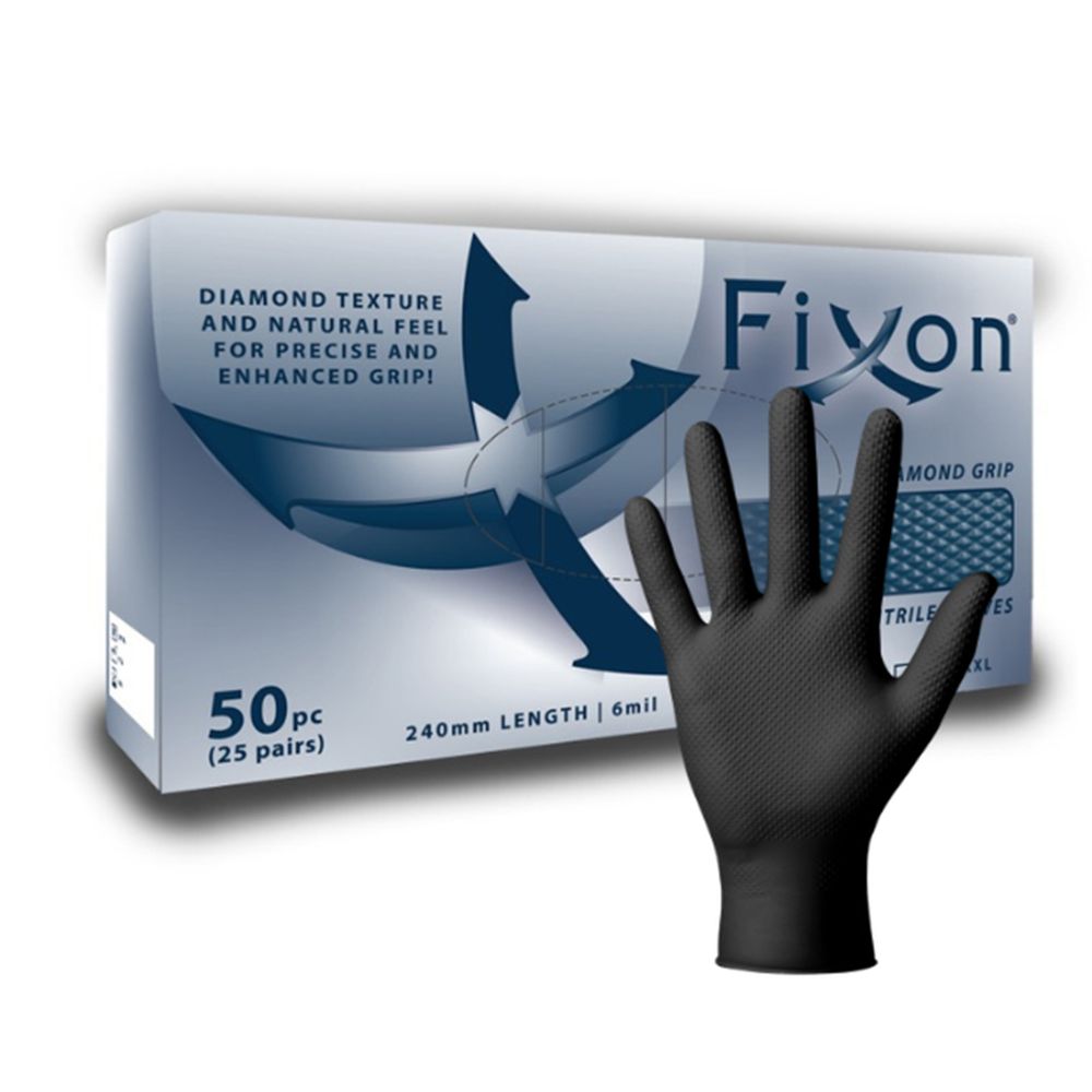 FIXON Nitrile Diamond Glove Textured 6mil 240mm Black S (50pcs/25 Pairs)