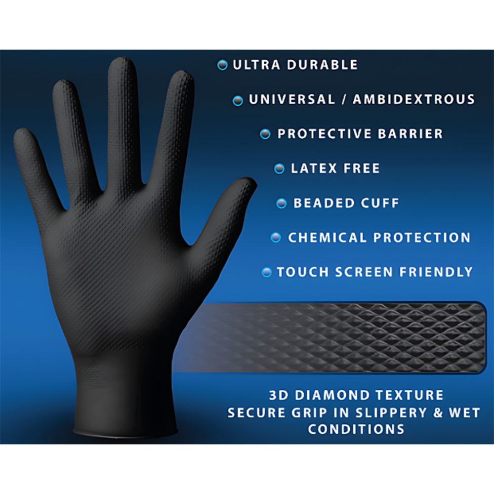 FIXON Nitrile Diamond Glove Textured 6mil 240mm Black L (50pcs/25 Pairs)