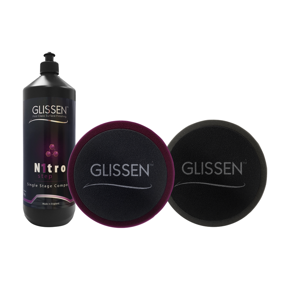 GLISSEN Nitro Single Stage Compound 1kg (incl X1 Purple Compounding Foam+ X1 Black Waffle Finishing Foam 150mm/6