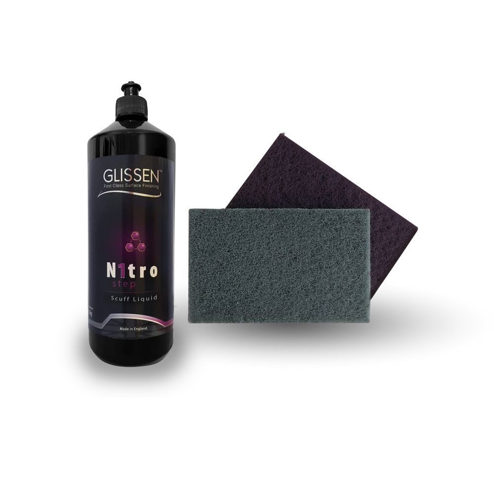 GLISSEN Nitro Scuff Liquid 1kg + Binic Non-woven Abrasive Scuff Pad, Very Fine (10pcs) & Ultra Fine (10pcs) 150x230mm