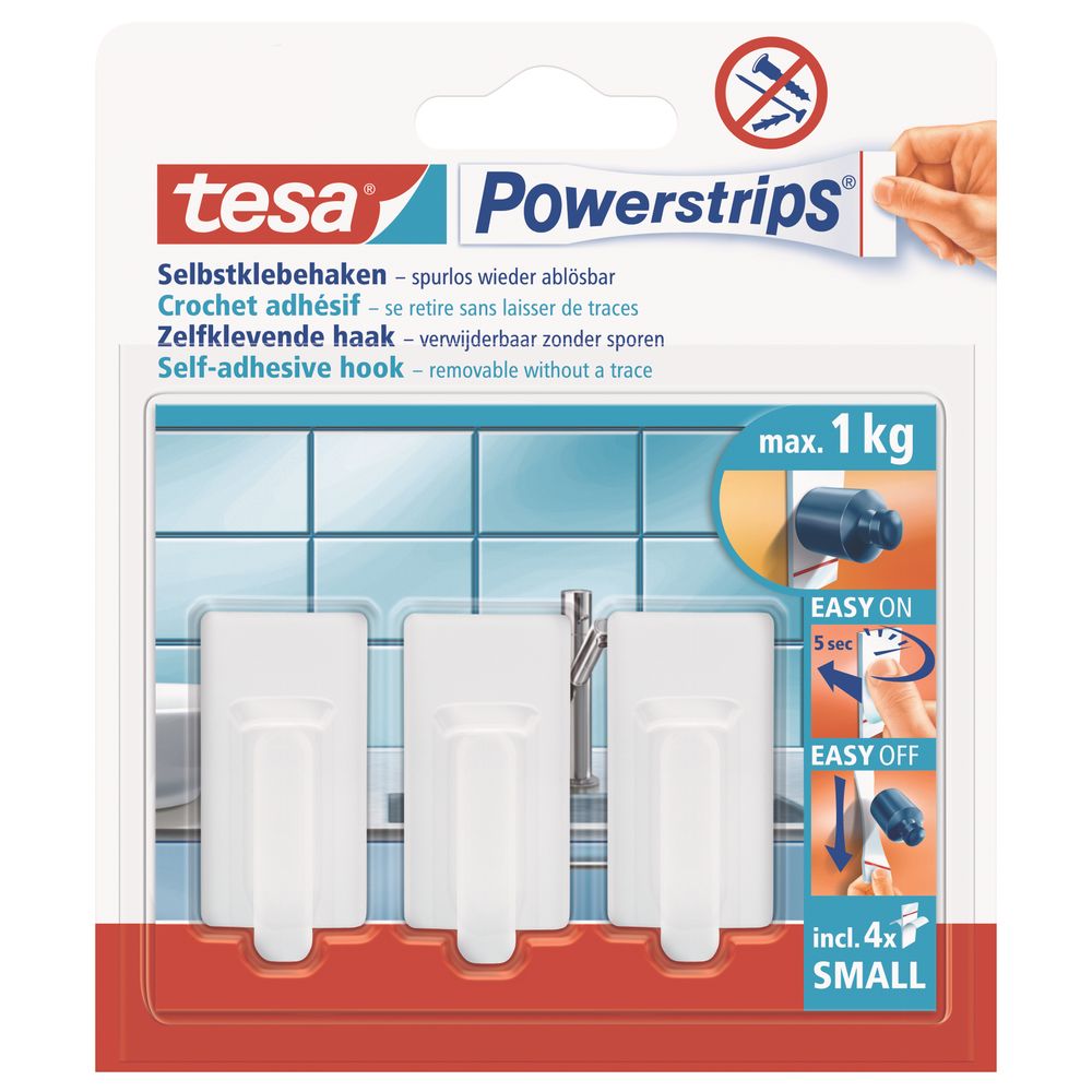 TESA Powerstrips Hooks Small Rectangular Classic 3 Hooks/ 4 Strips White (ip 6)