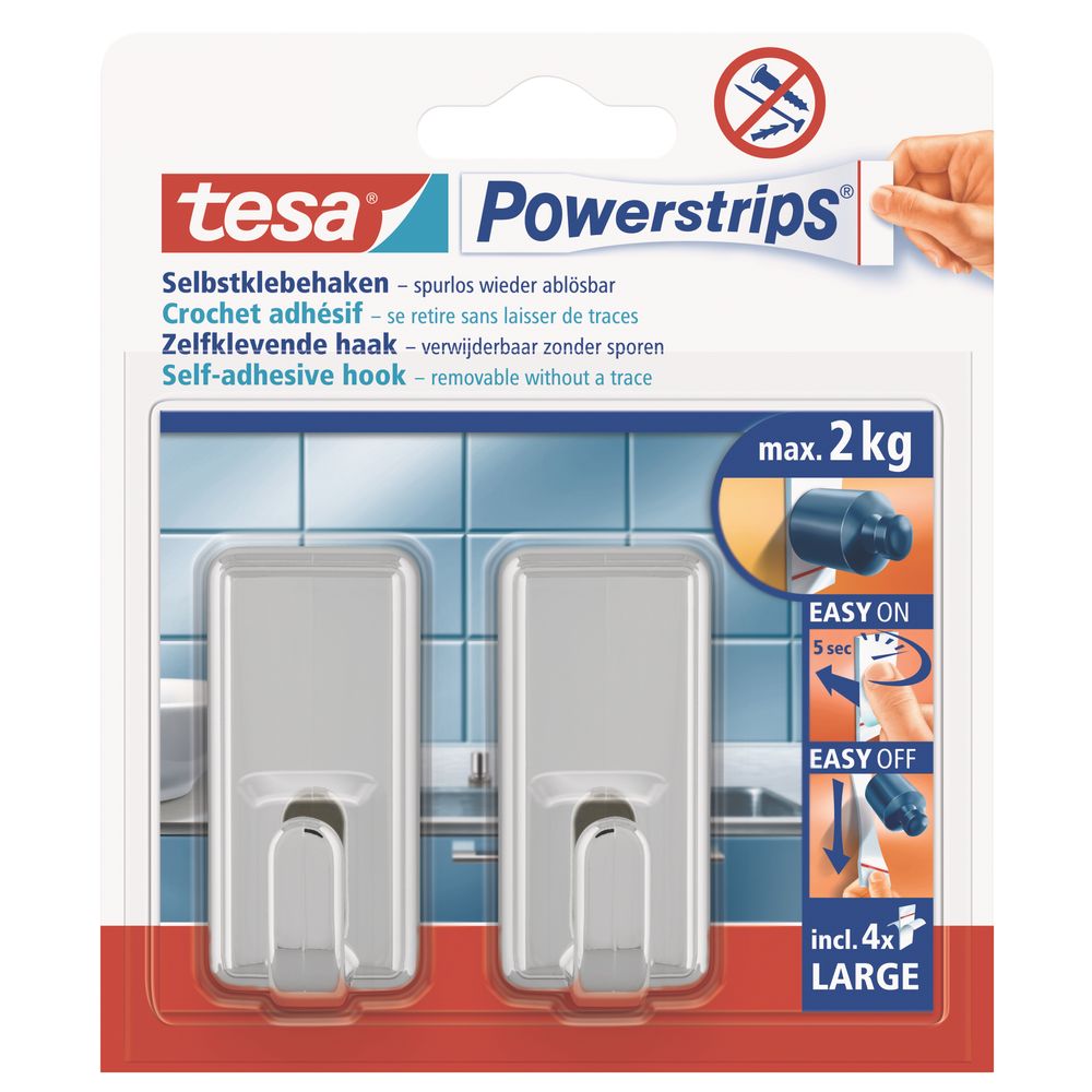 TESA Powerstrips Hooks Large Rectangular Classic 2 Hooks/ 4 Strips Chrome (ip 6)
