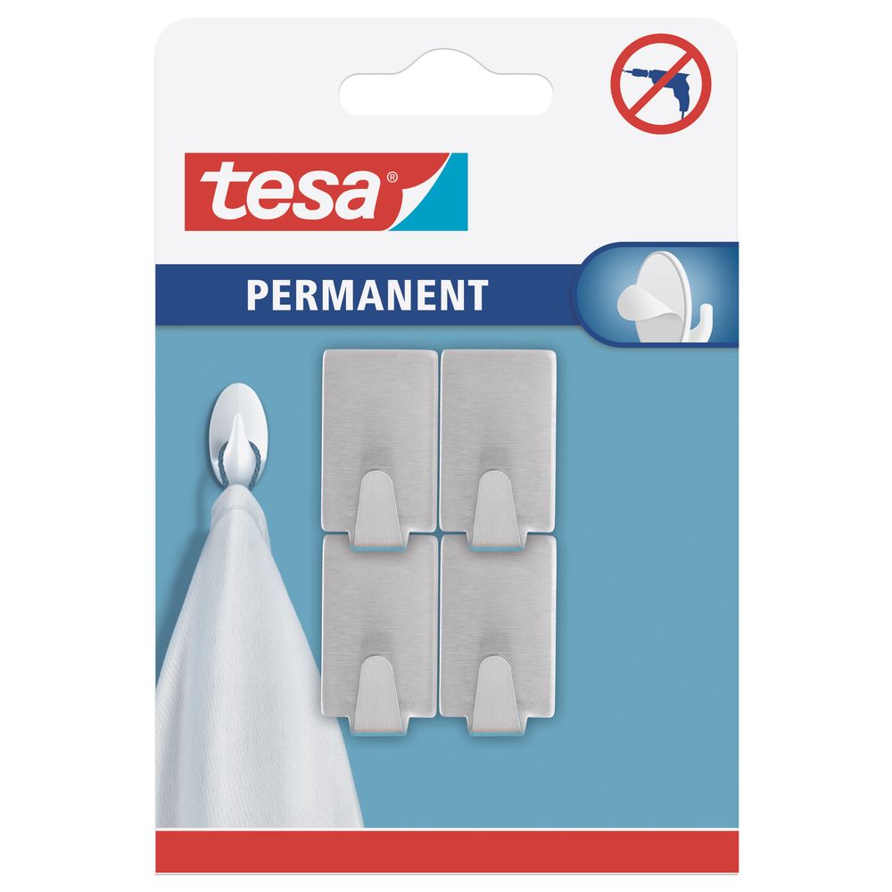 TESA Permanent Hooks Rectangular S Metal 3 Hooks Stainless Steel