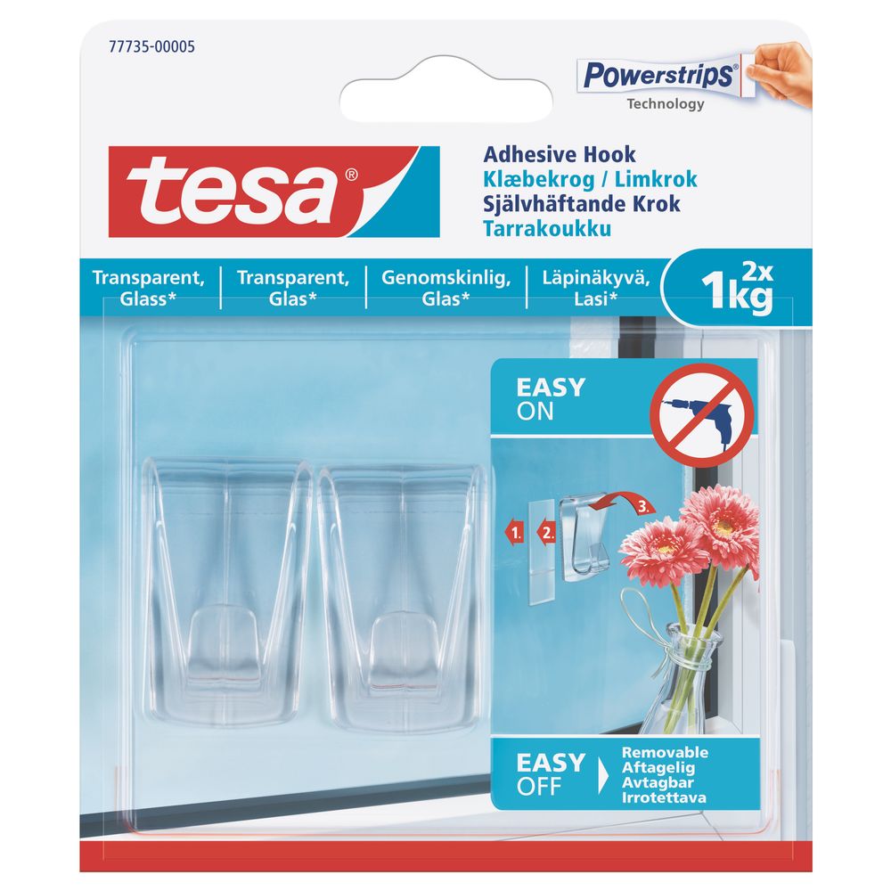 TESA Adhesive Hooks- Transparent Surface Large 2 Hooks/ 3 Strips (ip 8)