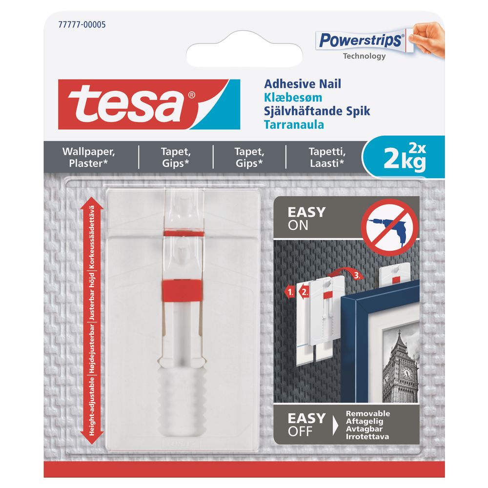 TESA Adhesive Nail Adjustable 2kg - Sensitive Surface 2 Hooks/ 6 Strips (ip 8)