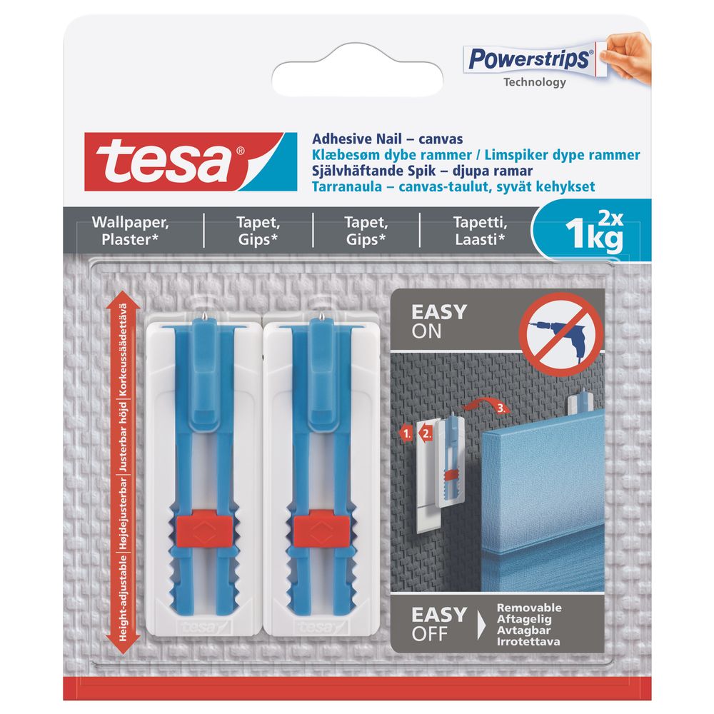 TESA Adhesive Canvas Nail Adjustable 1kg - Sensitive Surface 2 Hooks/ 3 Strips (ip 8)