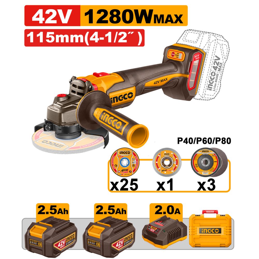 42v Ps+c/l B/l A/grinder 1280w 115mm + Assy Kit