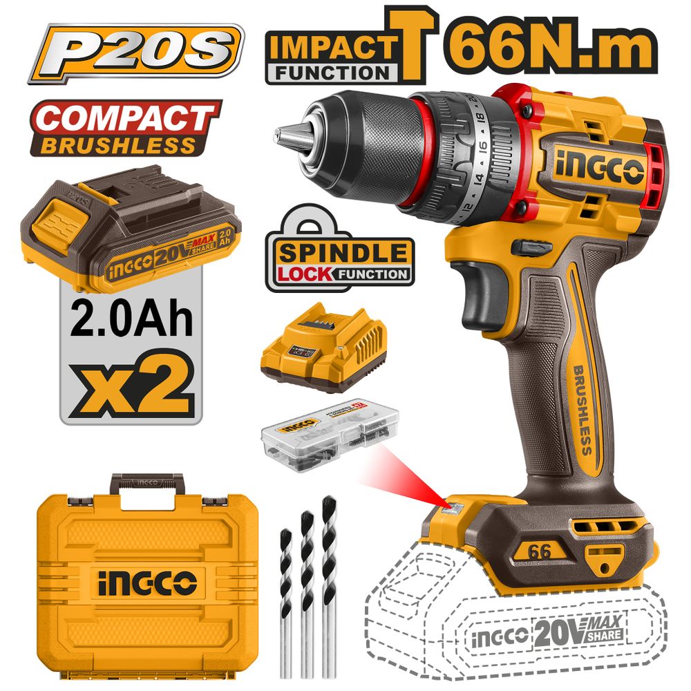 20v Ps+c/l B/l Impact Drill 66nm Kit +acc