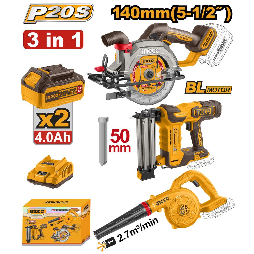 20v Ps+c/l B/l Cir/saw Blower Nailer+2batt +ch 3pc
